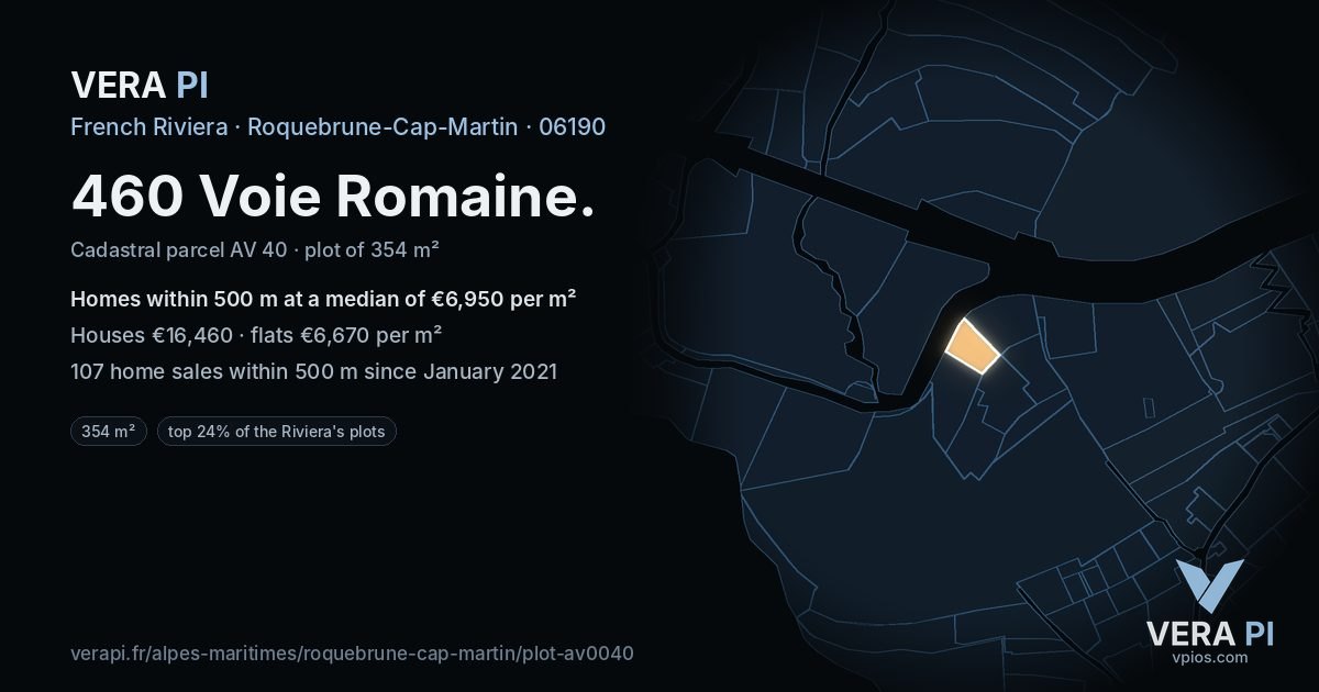 460 Voie Romaine, Roquebrune-Cap-Martin at night – the plot lit, the parcels around coloured by the prices near them