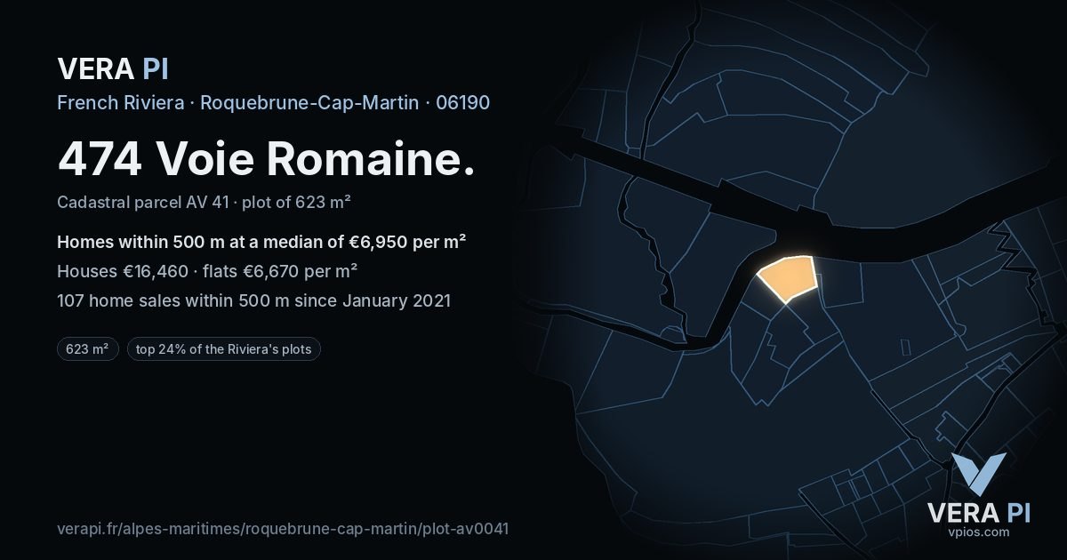 474 Voie Romaine, Roquebrune-Cap-Martin at night – the plot lit, the parcels around coloured by the prices near them