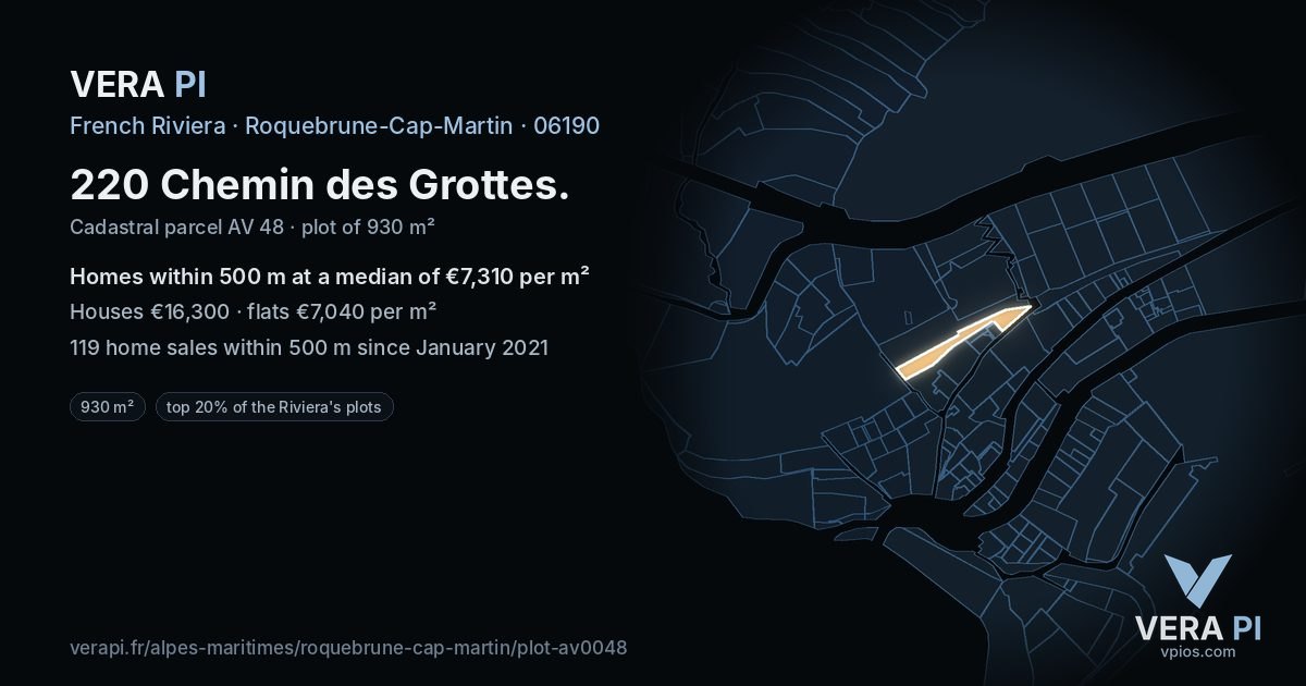 220 Chemin des Grottes, Roquebrune-Cap-Martin at night – the plot lit, the parcels around coloured by the prices near them