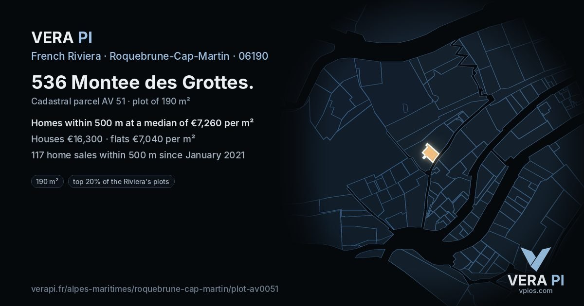 536 Montee des Grottes, Roquebrune-Cap-Martin at night – the plot lit, the parcels around coloured by the prices near them