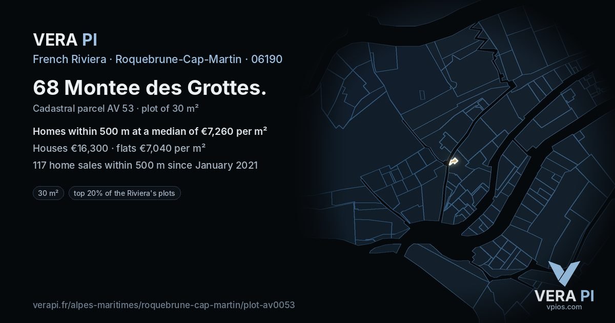 68 Montee des Grottes, Roquebrune-Cap-Martin at night – the plot lit, the parcels around coloured by the prices near them