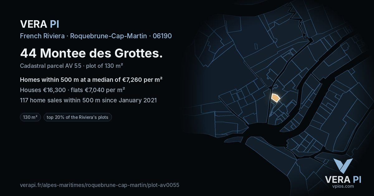 44 Montee des Grottes, Roquebrune-Cap-Martin at night – the plot lit, the parcels around coloured by the prices near them