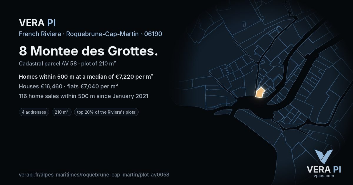 8 Montee des Grottes, Roquebrune-Cap-Martin at night – the plot lit, the parcels around coloured by the prices near them