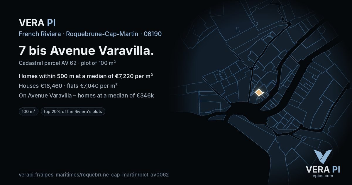 7 bis Avenue Varavilla, Roquebrune-Cap-Martin at night – the plot lit, the parcels around coloured by the prices near them