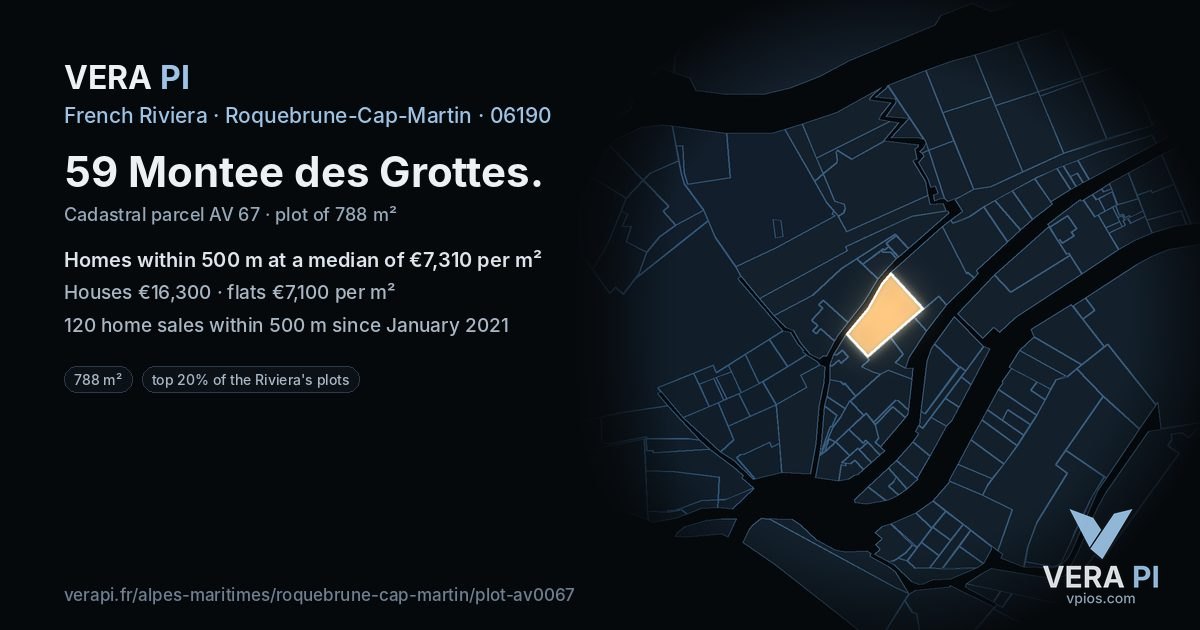 59 Montee des Grottes, Roquebrune-Cap-Martin at night – the plot lit, the parcels around coloured by the prices near them