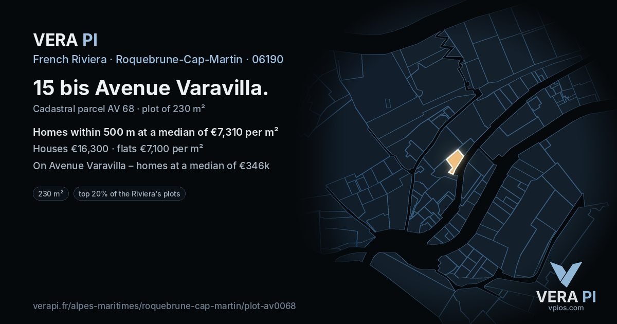 15 bis Avenue Varavilla, Roquebrune-Cap-Martin at night – the plot lit, the parcels around coloured by the prices near them