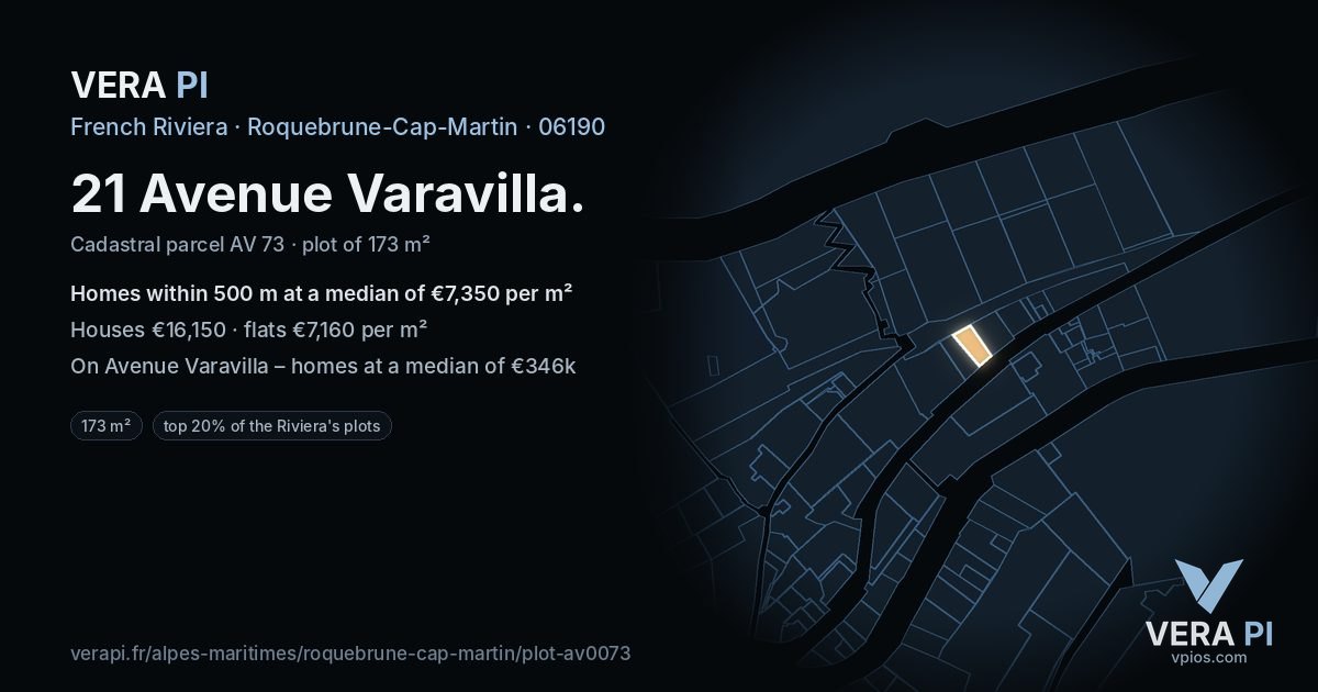 21 Avenue Varavilla, Roquebrune-Cap-Martin at night – the plot lit, the parcels around coloured by the prices near them