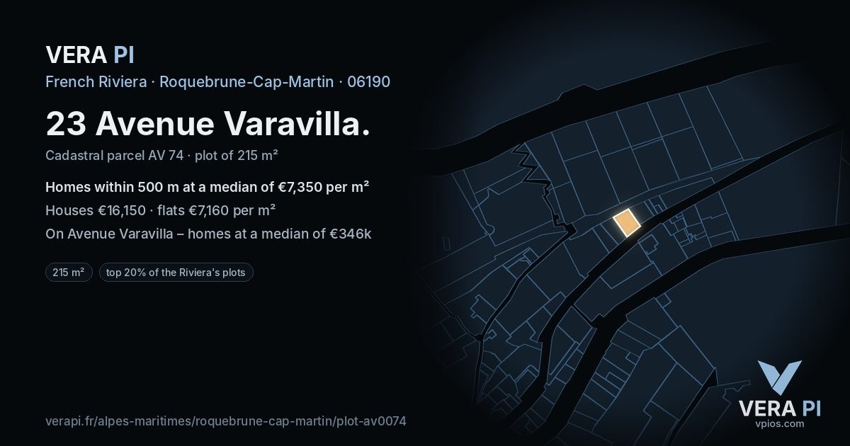 23 Avenue Varavilla, Roquebrune-Cap-Martin at night – the plot lit, the parcels around coloured by the prices near them