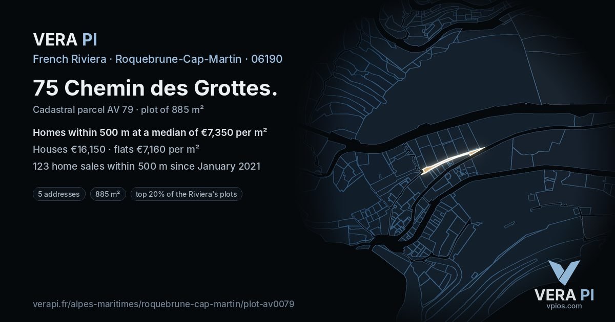 75 Chemin des Grottes, Roquebrune-Cap-Martin at night – the plot lit, the parcels around coloured by the prices near them