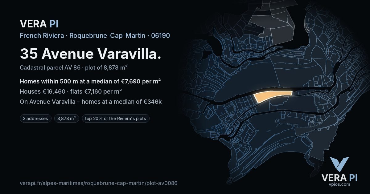 35 Avenue Varavilla, Roquebrune-Cap-Martin at night – the plot lit, the parcels around coloured by the prices near them
