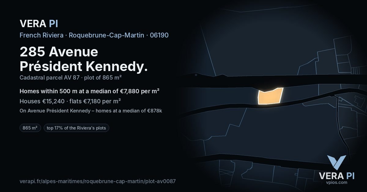 285 Avenue Président Kennedy, Roquebrune-Cap-Martin at night – the plot lit, the parcels around coloured by the prices near them
