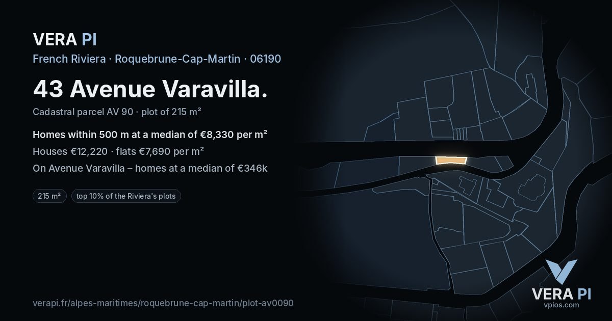 43 Avenue Varavilla, Roquebrune-Cap-Martin at night – the plot lit, the parcels around coloured by the prices near them