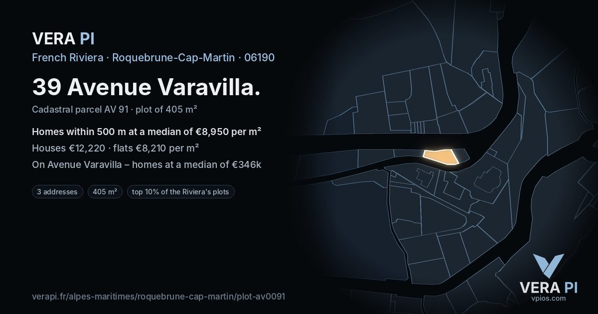 39 Avenue Varavilla, Roquebrune-Cap-Martin at night – the plot lit, the parcels around coloured by the prices near them
