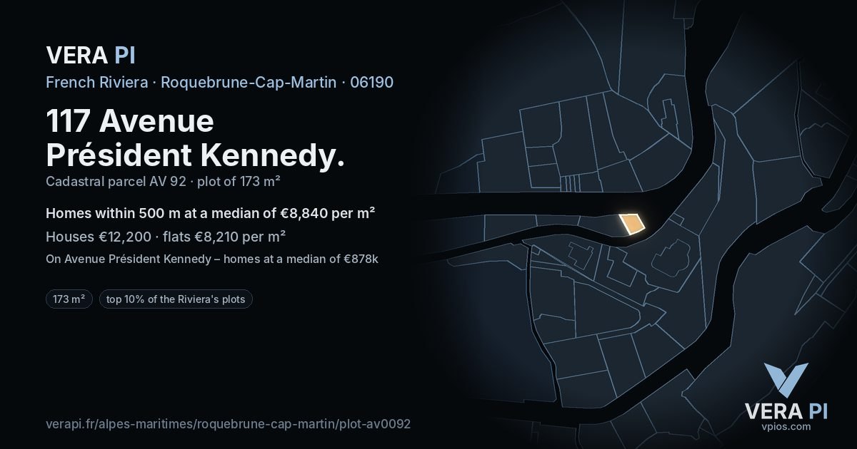 117 Avenue Président Kennedy, Roquebrune-Cap-Martin at night – the plot lit, the parcels around coloured by the prices near them