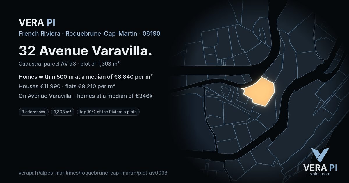 32 Avenue Varavilla, Roquebrune-Cap-Martin at night – the plot lit, the parcels around coloured by the prices near them