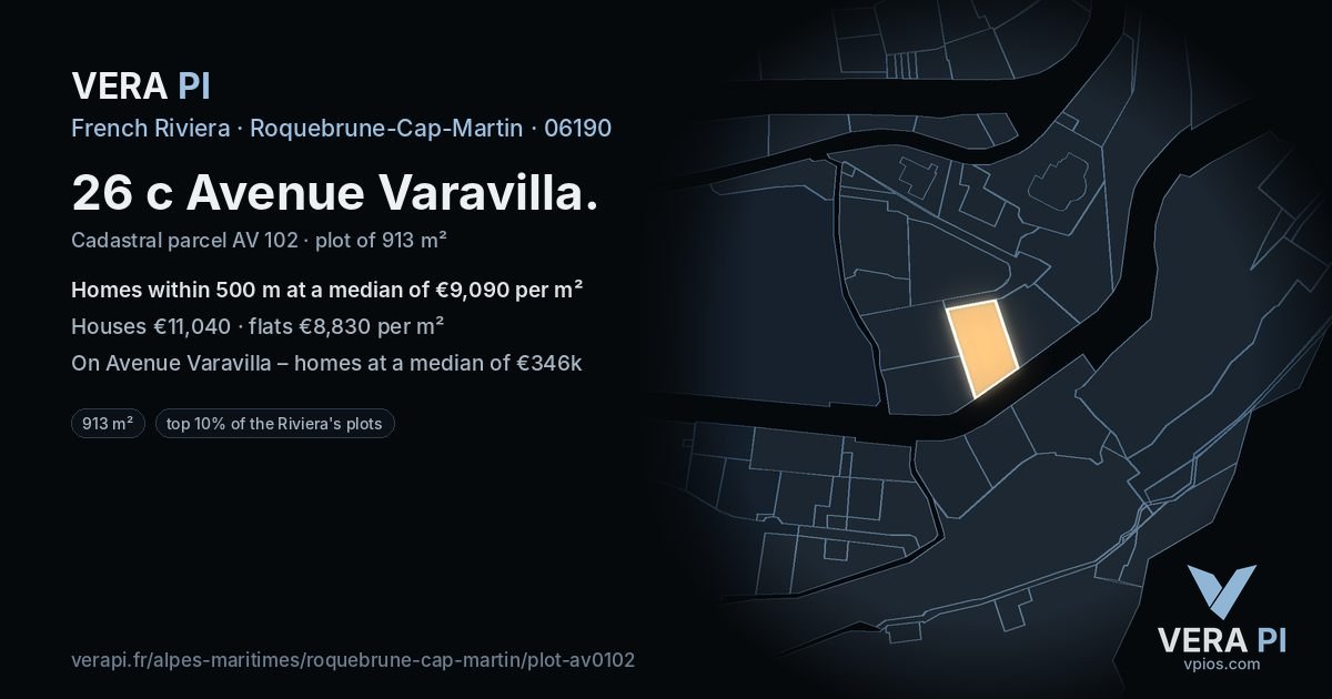 26 c Avenue Varavilla, Roquebrune-Cap-Martin at night – the plot lit, the parcels around coloured by the prices near them