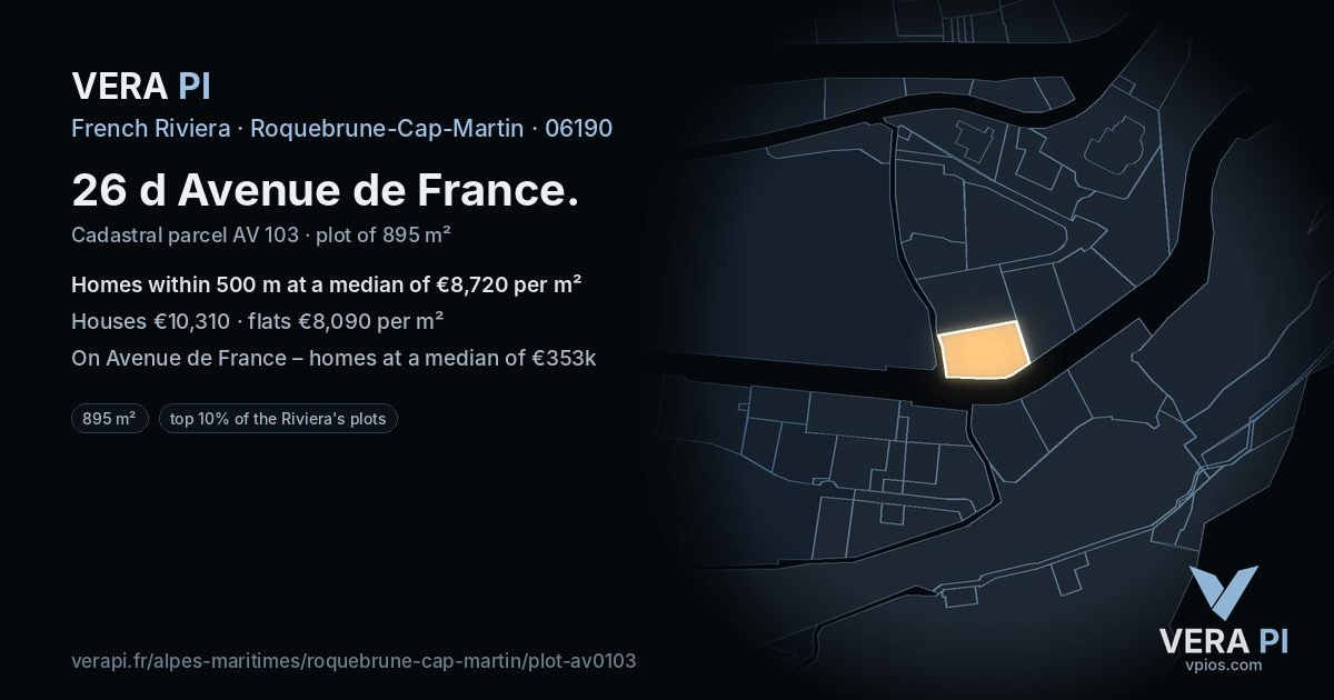 26 d Avenue de France, Roquebrune-Cap-Martin at night – the plot lit, the parcels around coloured by the prices near them