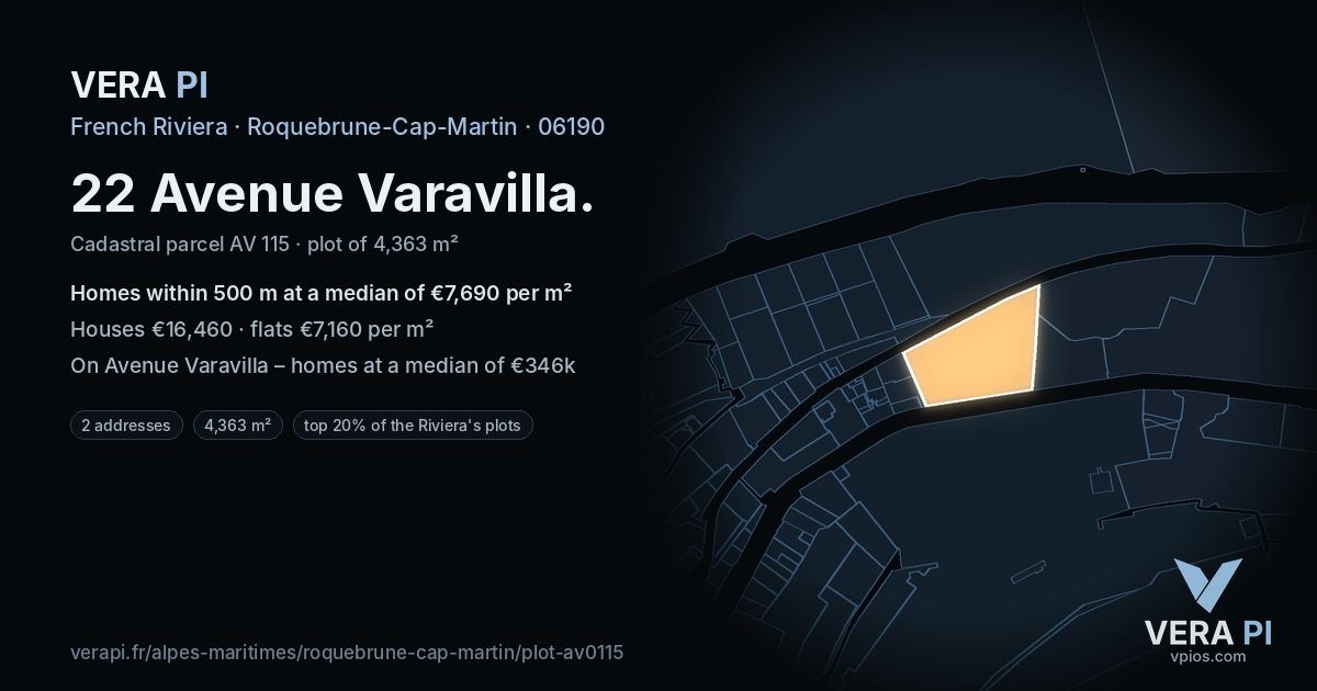 22 Avenue Varavilla, Roquebrune-Cap-Martin at night – the plot lit, the parcels around coloured by the prices near them