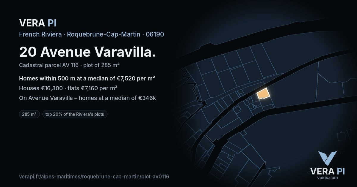 20 Avenue Varavilla, Roquebrune-Cap-Martin at night – the plot lit, the parcels around coloured by the prices near them