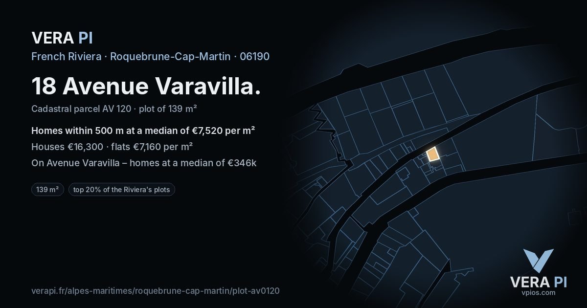18 Avenue Varavilla, Roquebrune-Cap-Martin at night – the plot lit, the parcels around coloured by the prices near them