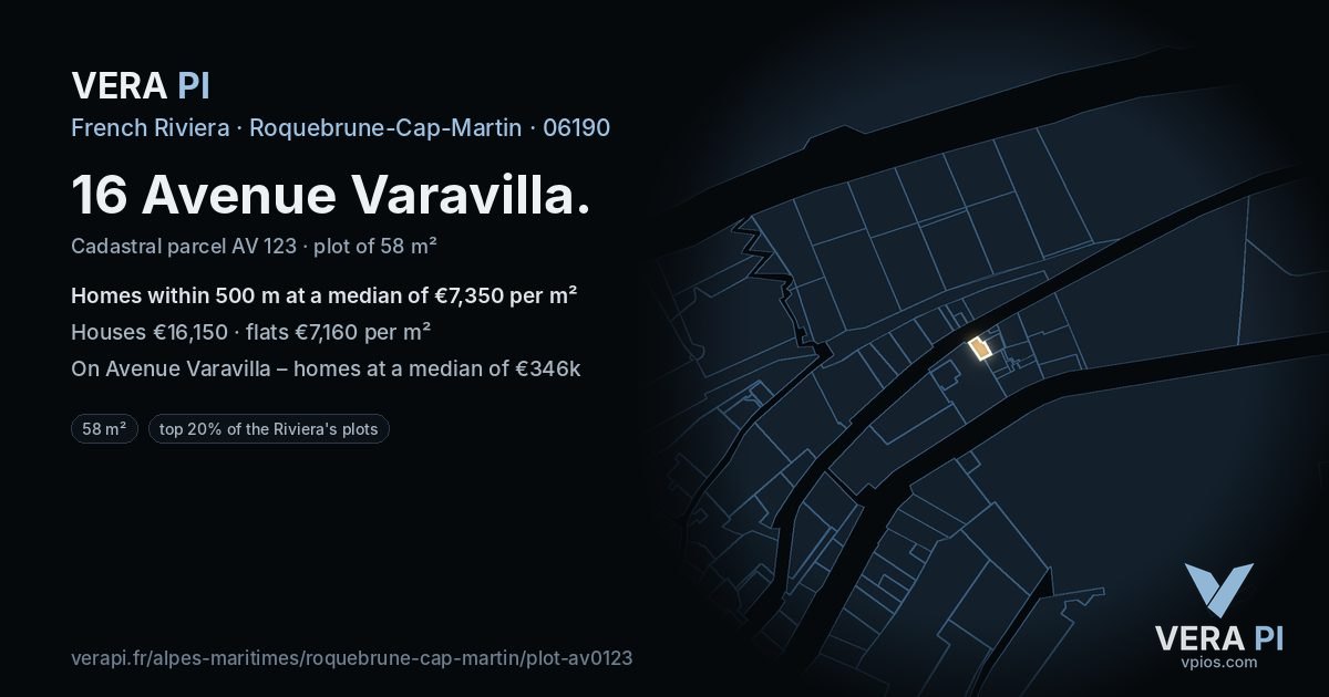16 Avenue Varavilla, Roquebrune-Cap-Martin at night – the plot lit, the parcels around coloured by the prices near them