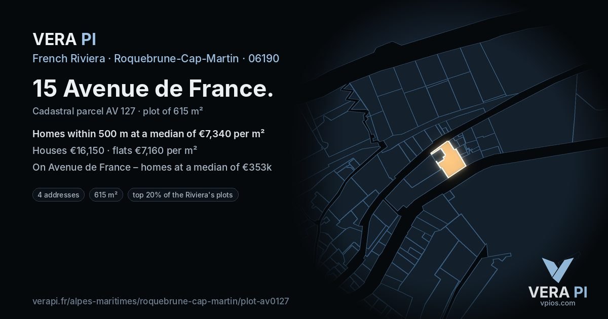 15 Avenue de France, Roquebrune-Cap-Martin at night – the plot lit, the parcels around coloured by the prices near them