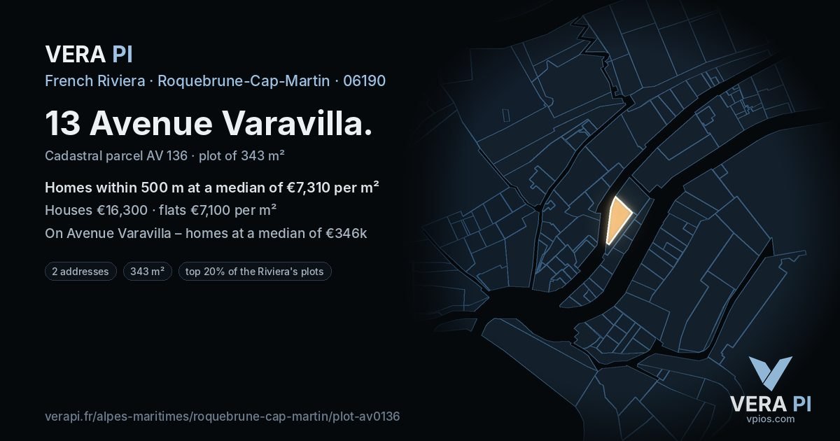 13 Avenue Varavilla, Roquebrune-Cap-Martin at night – the plot lit, the parcels around coloured by the prices near them