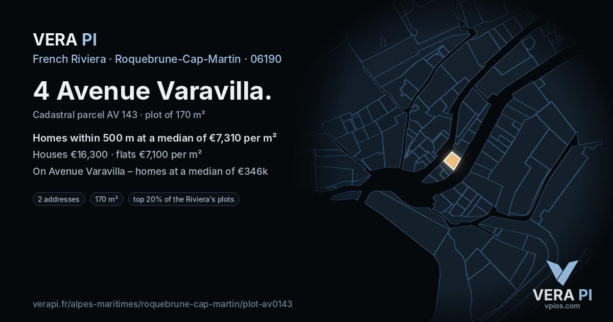 4 Avenue Varavilla, Roquebrune-Cap-Martin at night – the plot lit, the parcels around coloured by the prices near them