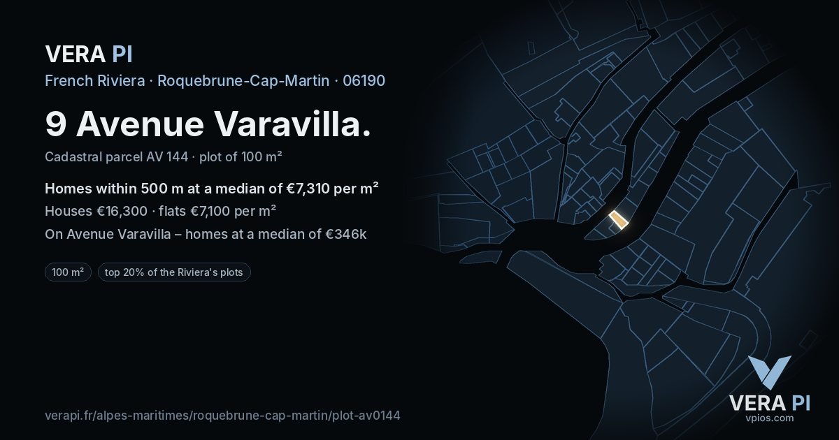 9 Avenue Varavilla, Roquebrune-Cap-Martin at night – the plot lit, the parcels around coloured by the prices near them