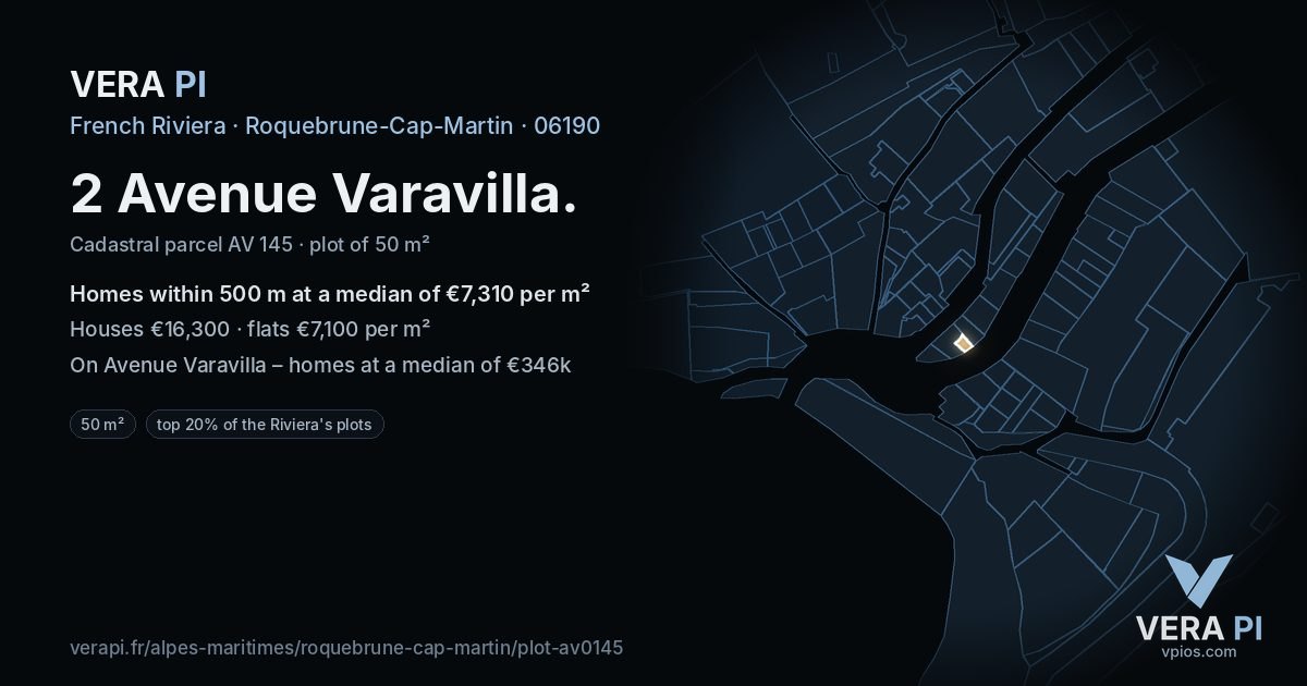 2 Avenue Varavilla, Roquebrune-Cap-Martin at night – the plot lit, the parcels around coloured by the prices near them