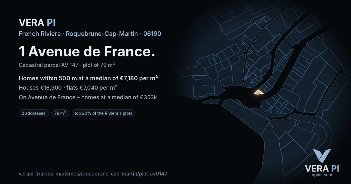 1 Avenue de France, Roquebrune-Cap-Martin at night – the plot lit, the parcels around coloured by the prices near them