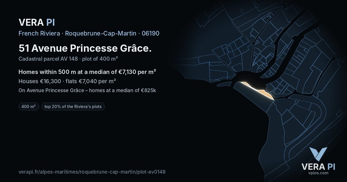 51 Avenue Princesse Grâce, Roquebrune-Cap-Martin at night – the plot lit, the parcels around coloured by the prices near them
