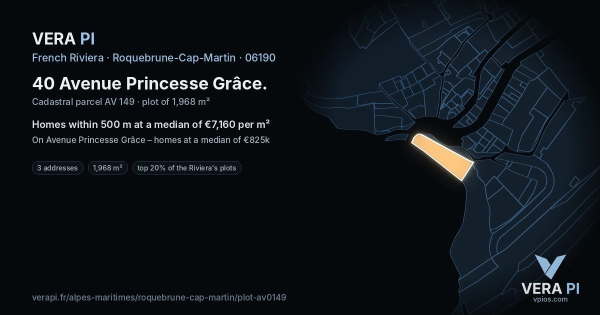 40 Avenue Princesse Grâce, Roquebrune-Cap-Martin at night – the plot lit, the parcels around coloured by the prices near them