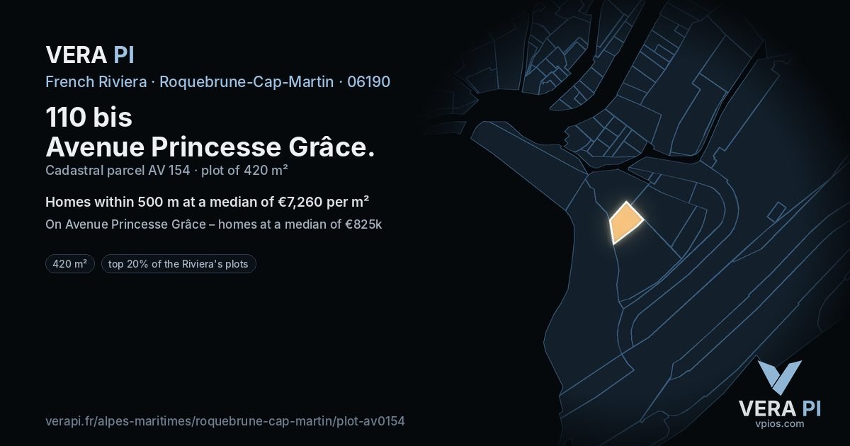 110 bis Avenue Princesse Grâce, Roquebrune-Cap-Martin at night – the plot lit, the parcels around coloured by the prices near them