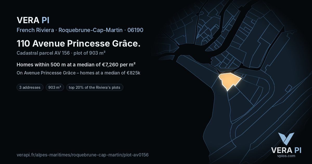 110 Avenue Princesse Grâce, Roquebrune-Cap-Martin at night – the plot lit, the parcels around coloured by the prices near them