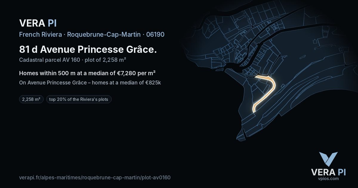 81 d Avenue Princesse Grâce, Roquebrune-Cap-Martin at night – the plot lit, the parcels around coloured by the prices near them