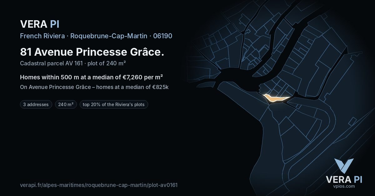 81 Avenue Princesse Grâce, Roquebrune-Cap-Martin at night – the plot lit, the parcels around coloured by the prices near them