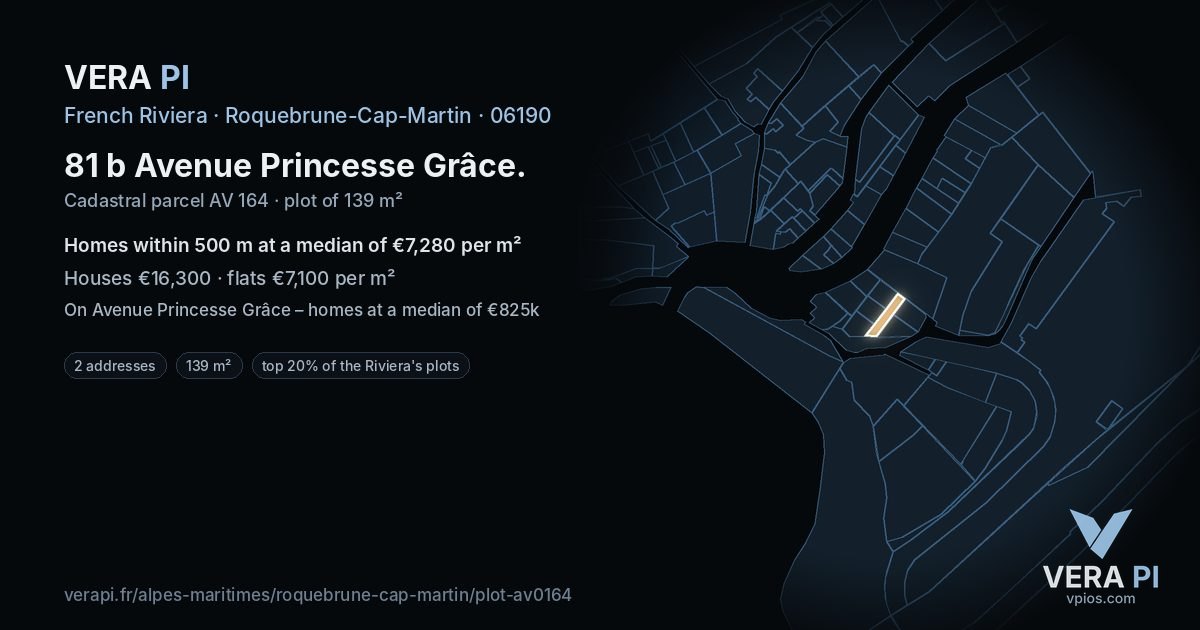 81 b Avenue Princesse Grâce, Roquebrune-Cap-Martin at night – the plot lit, the parcels around coloured by the prices near them