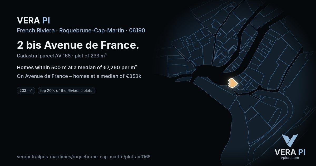 2 bis Avenue de France, Roquebrune-Cap-Martin at night – the plot lit, the parcels around coloured by the prices near them