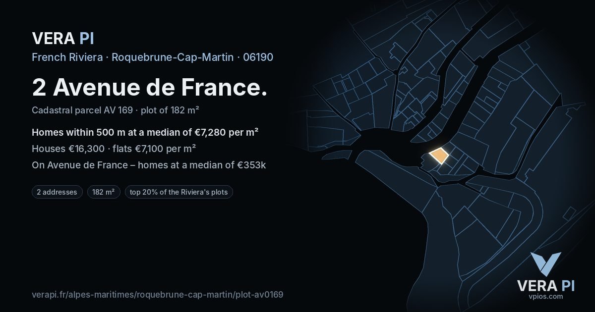 2 Avenue de France, Roquebrune-Cap-Martin at night – the plot lit, the parcels around coloured by the prices near them