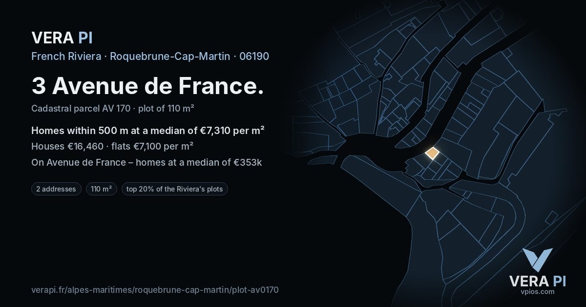 3 Avenue de France, Roquebrune-Cap-Martin at night – the plot lit, the parcels around coloured by the prices near them