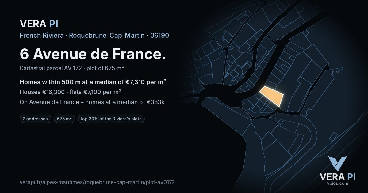 6 Avenue de France, Roquebrune-Cap-Martin at night – the plot lit, the parcels around coloured by the prices near them