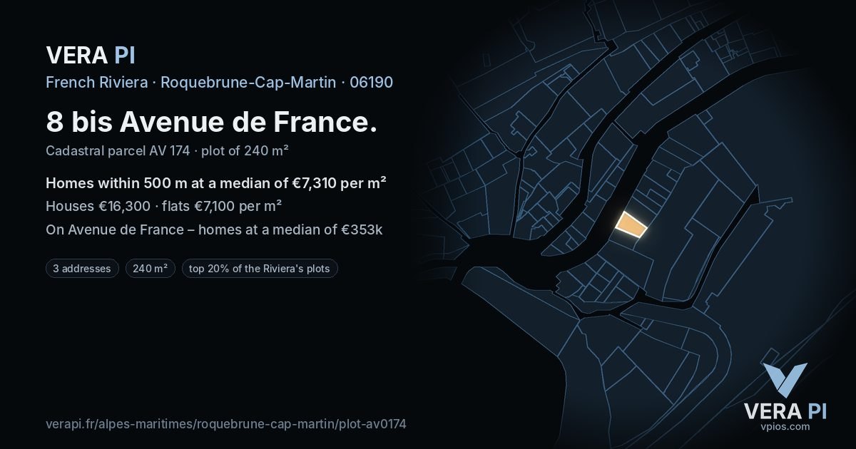 8 bis Avenue de France, Roquebrune-Cap-Martin at night – the plot lit, the parcels around coloured by the prices near them