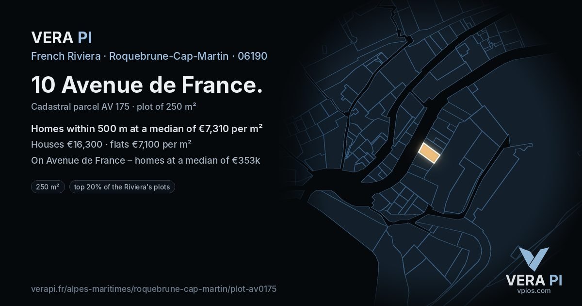 10 Avenue de France, Roquebrune-Cap-Martin at night – the plot lit, the parcels around coloured by the prices near them