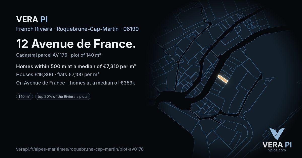 12 Avenue de France, Roquebrune-Cap-Martin at night – the plot lit, the parcels around coloured by the prices near them