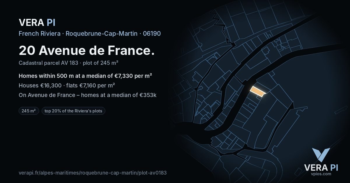 20 Avenue de France, Roquebrune-Cap-Martin at night – the plot lit, the parcels around coloured by the prices near them