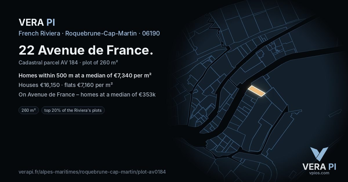 22 Avenue de France, Roquebrune-Cap-Martin at night – the plot lit, the parcels around coloured by the prices near them