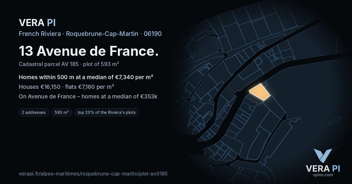 13 Avenue de France, Roquebrune-Cap-Martin at night – the plot lit, the parcels around coloured by the prices near them