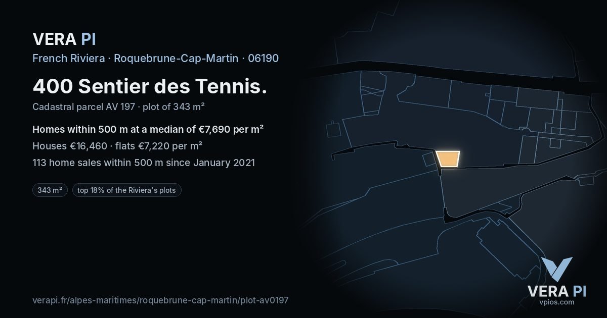 400 Sentier des Tennis, Roquebrune-Cap-Martin at night – the plot lit, the parcels around coloured by the prices near them