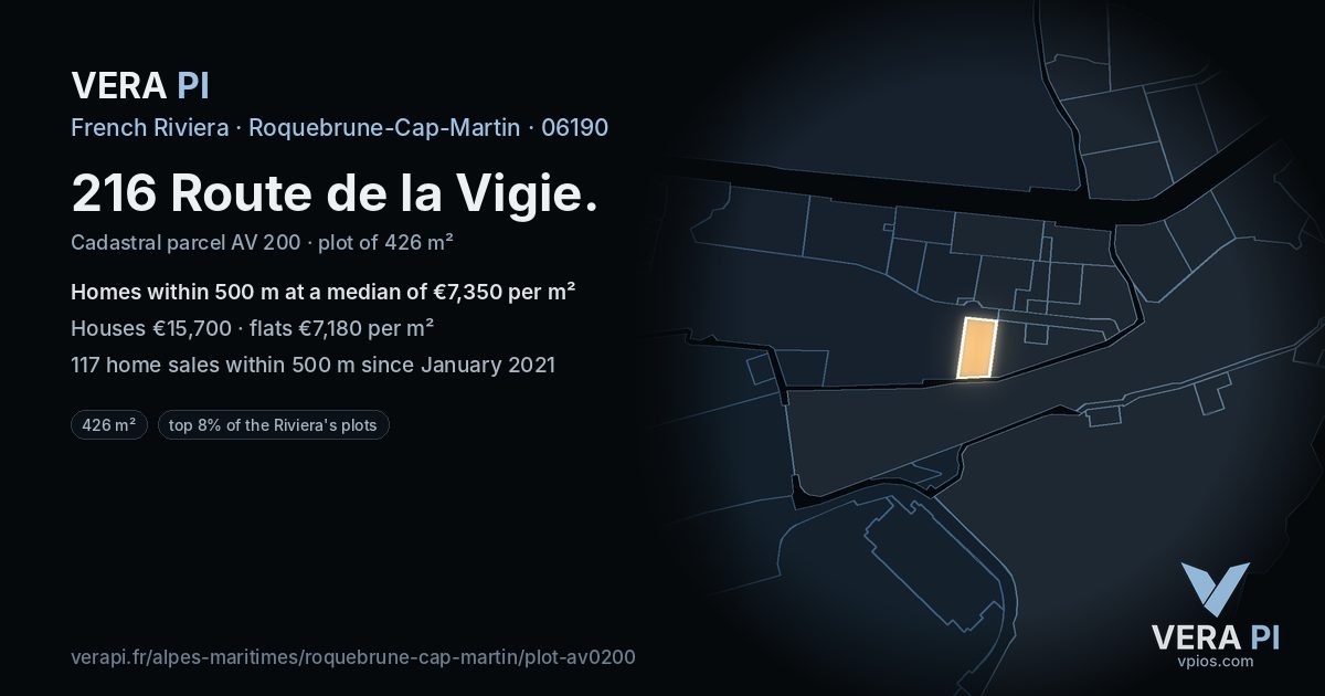 216 Route de la Vigie, Roquebrune-Cap-Martin at night – the plot lit, the parcels around coloured by the prices near them